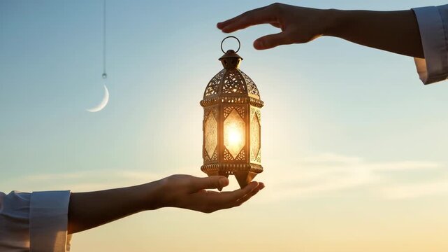 Ramadan lantern passed between hands against a twilight sky with crescent moon.