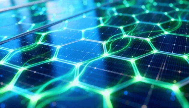 Futuristic motion graphic of glowing solar panel textures with light energy pulses flowing through hexagonal cells