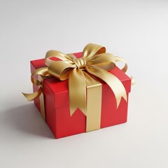 Obraz premium A bright red festive holiday gift box wrapped with a luxurious satin gold bow, perfect for Christmas morning delivery and gifting, new year, studio, wooden