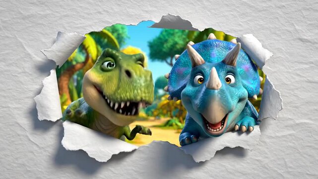 Cartoon dinosaurs emerging from torn paper against nature background