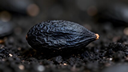 Black wrinkled seed on dark soil