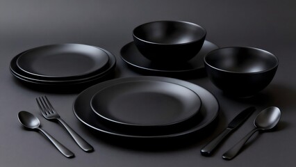 Black Dinnerware Set on Dark Background