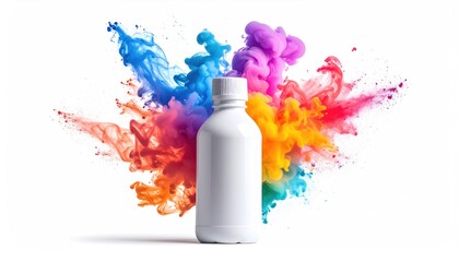White bottle with vibrant colorful powder explosion abstract background.