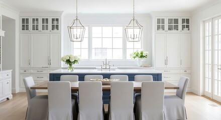 Fototapeta premium Elegant white dining room with large island and comfortable chairs.