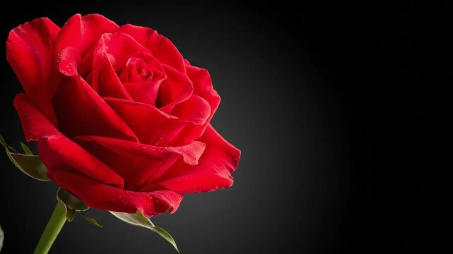 A vibrant red rose with delicate petals and green stem against a dark, dramatic background viewed from a close-up perspective