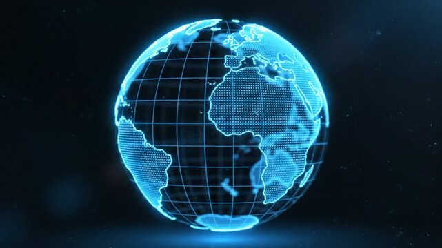 Glowing blue digital globe with grid lines on a dark background, showcasing continents and oceans in a futuristic, high-tech visualization.