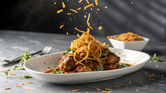 Sali Murghi Boti in Dramatic Studio Lighting &ndash; Parsi Meat Dish with Crispy Potato Straws, Dynamic Composition