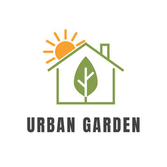 Urban Garden Logo Design with House Leaf and Sun Vector Icon