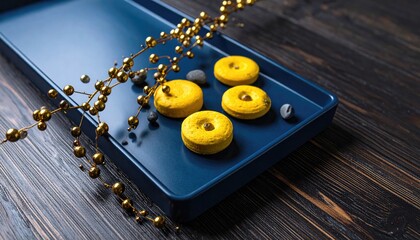 Elegant yellow macarons served on a dark blue tray with festive gold beads.