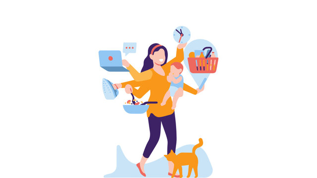 Multitasking mother juggling work, childcare, and household tasks with a smile.
