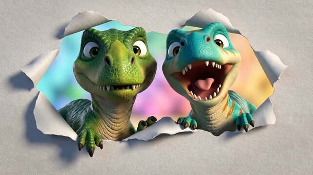 Cartoon dinosaurs peering through torn paper colorful illustration concept