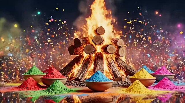 Ritual holika dahan night fire ceremony video with glowing bonfire colorful powder bowls spiritual devotion indian tradition festival emotion visuals