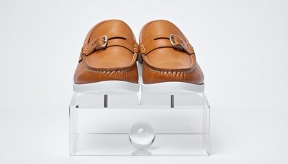 Elegant brown leather monk strap loafers on a clear plastic shoe organizer.
