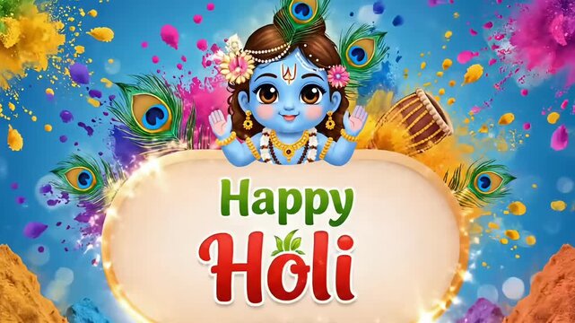 Animated krishna holi celebration video with playful baby deity illustration colorful powder devotion emotion indian culture festive greeting visuals