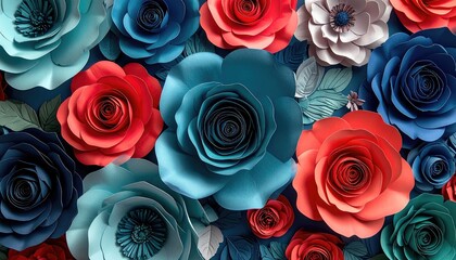 Colorful handmade paper flowers in red blue and teal arranged as a decorative background.