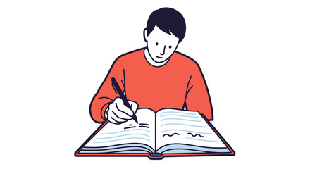 Focused Young Man Writing in a Red Notebook with Pen
