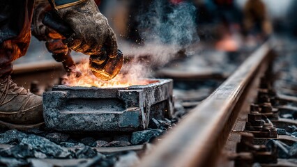 Rail Thermite Welding Process with Glowing Reaction | Railway Track Maintenance & Infrastructure Background | Industrial Welding Stock Photo