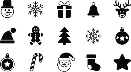 Set of Christmas icons including snowman snowflake gift bell reindeer hat gingerbread man tree ornament candy cane Santa sock © MstRajina