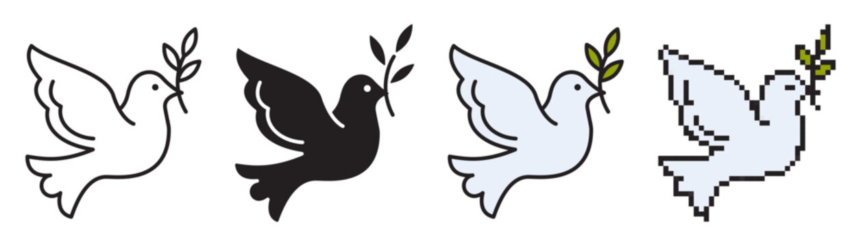 Dove of peace icon set: editable linear, solid silhouette, and pixel art styles. White bird with olive branch for Easter and spirituality. Minimalist vector symbols isolated on white background.
