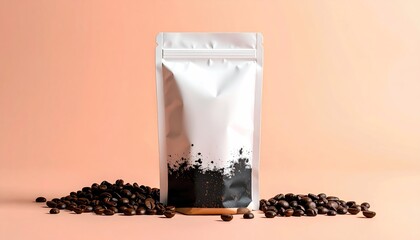 White coffee bag with roasted beans and transparent window on peach background.