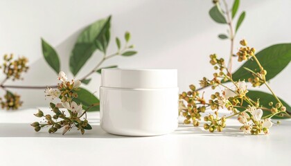 White cosmetic cream jar surrounded by natural green leaves and delicate yellow flowers.