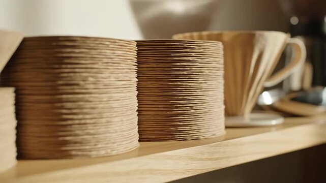 Neatly stacked brown paper coffee filters arranged on a wooden shelf, ready for brewing a perfect cup