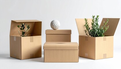Still life arrangement of cardboard boxes with green plants and decorative sphere.