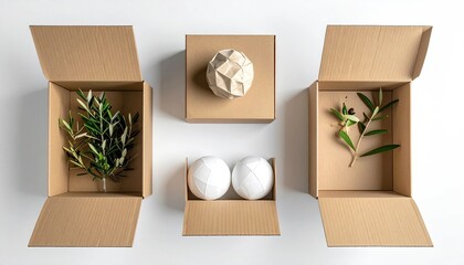 Natural artisanal product packaging with olive branches and bath bombs.
