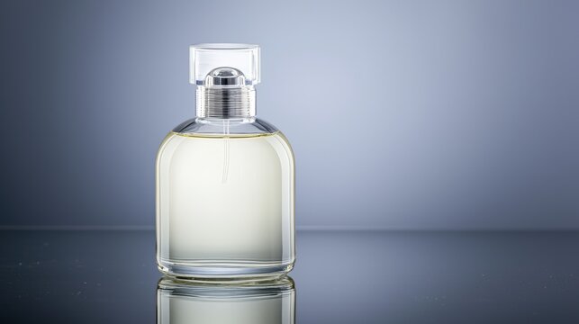 A sleek bottle of luxury perfume on a reflective surface, soft lighting, visually striking product photography