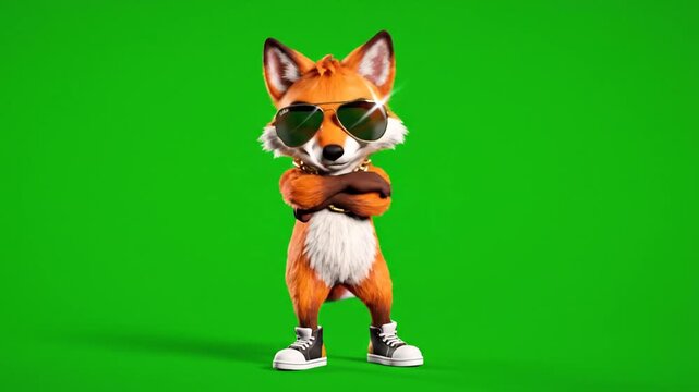 Cartoon fox wearing sunglasses posing against green screen background