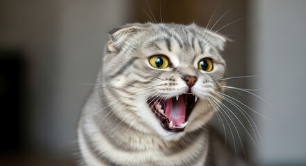 Naklejka premium Expressive feline with intense eyes, showcasing its vocalization in a striking composition