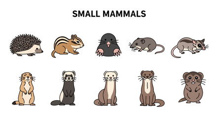 Row of ten small mammal illustrations including a hedgehog chipmunk mole and weasel © Kenywanch