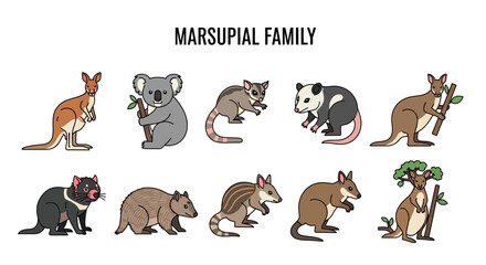 Ten cartoon marsupials displayed in two rows under a black text title