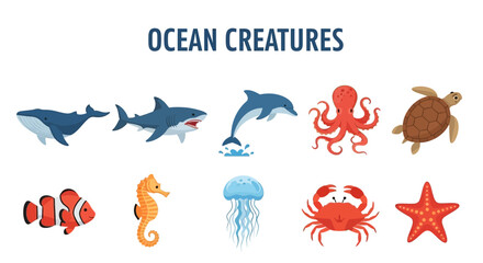 Ten cartoon ocean creatures displayed in two rows under a title © Kenywanch