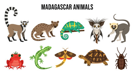 Ten flatstyle illustrations of diverse Madagascar animals on a white background © Kenywanch