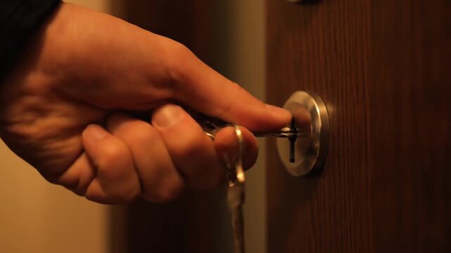 Hand Unlocking Door with Key Closeup.