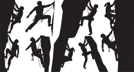 Silhouettes of rock climbers in various poses and actions
