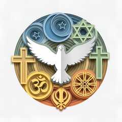 Collage of World Religions Symbols and Dove of Peace.