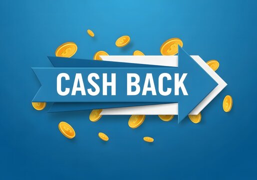 A vibrant arrow sign with cash back text and scattered coins on a blue background.
