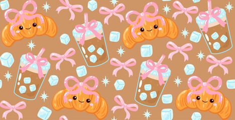 Cute Croissant and Iced coffee coquette seamless pattern