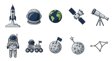 A collection of ten cartoon icons related to space exploration and astronomy arranged in two rows © Agung