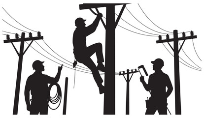Group of electricians working on overhead power lines and utility poles silhouette vector set