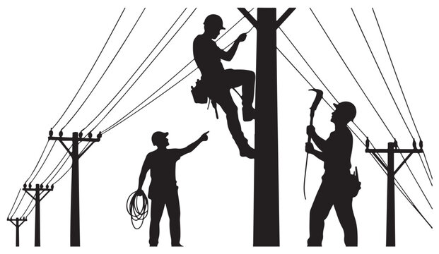 Linemen climbing utility poles repairing electrical transmission cables silhouette vector art