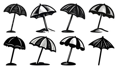 Fototapeta premium PNG Illustrated black and white beach umbrellas in various styles on transparent background