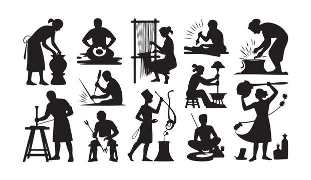 Craftsmen and women engaged in various traditional art and artisan work with tools and materials