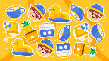 Seamless background with yellow rubber ducks pineapples and pirate boy