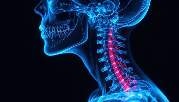 Digital Rendering of Human Skull and Cervical Spine Anatomy with Spinal Cord Highlighted