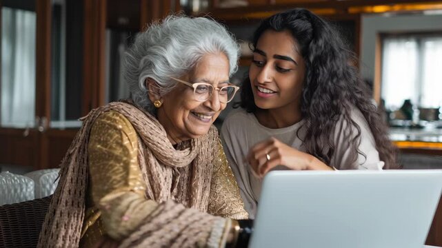 Indian senior and adult child learning a new technology together, mutual support, relaxed and patient atmosphere, modern Indian home interior