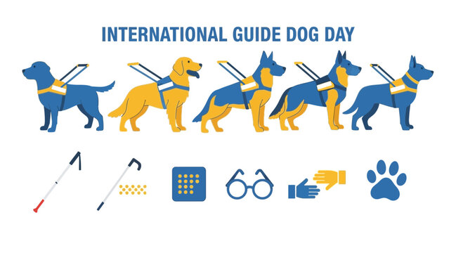 International Guide Dog Day graphic with five working dogs and related accessibility icons