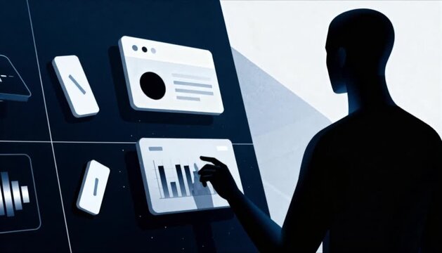 Minimal human figure interacting with abstract UI elements for user experience and software technology presentation